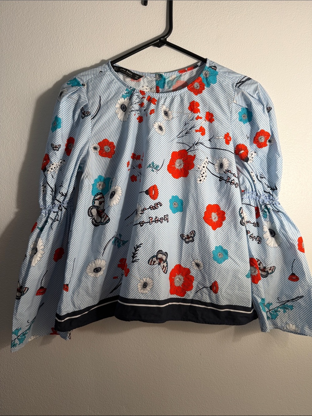 Zara Light Blue Striped Floral Blouse
